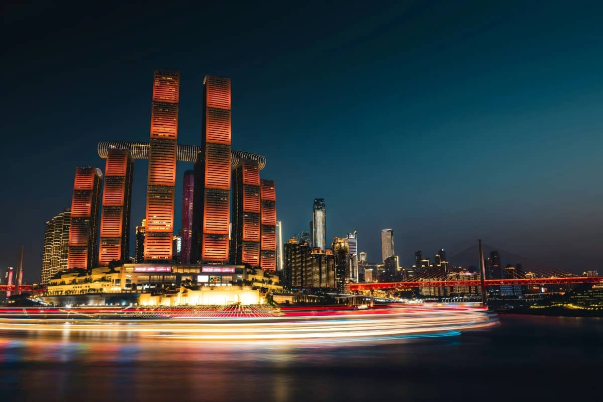 Chongqing Hongyadong night view with stilt houses and river