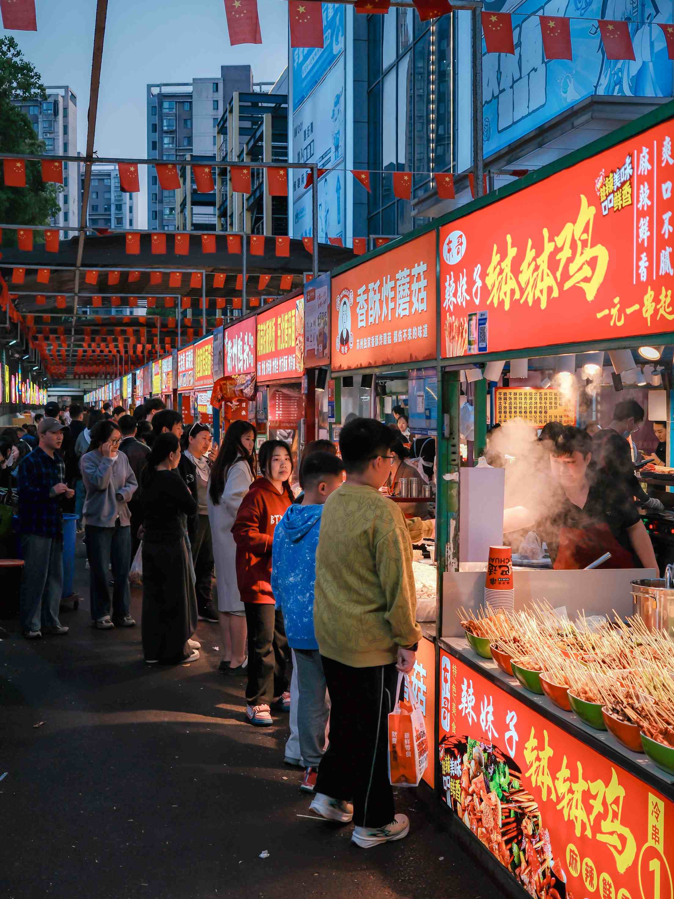 Night market skewers grilling over charcoal smoky and savory