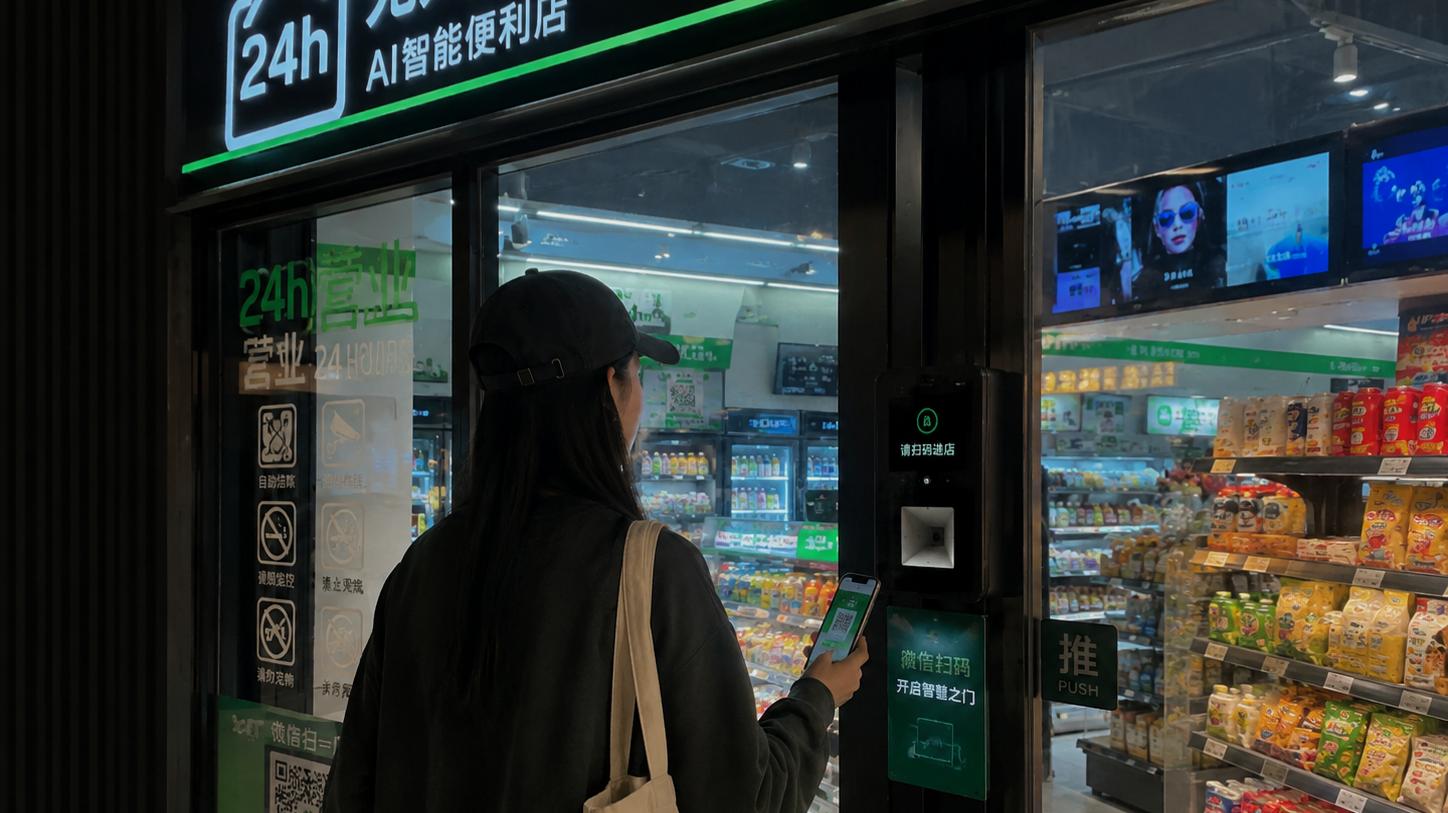Fully automated 24-hour convenience store in China at night