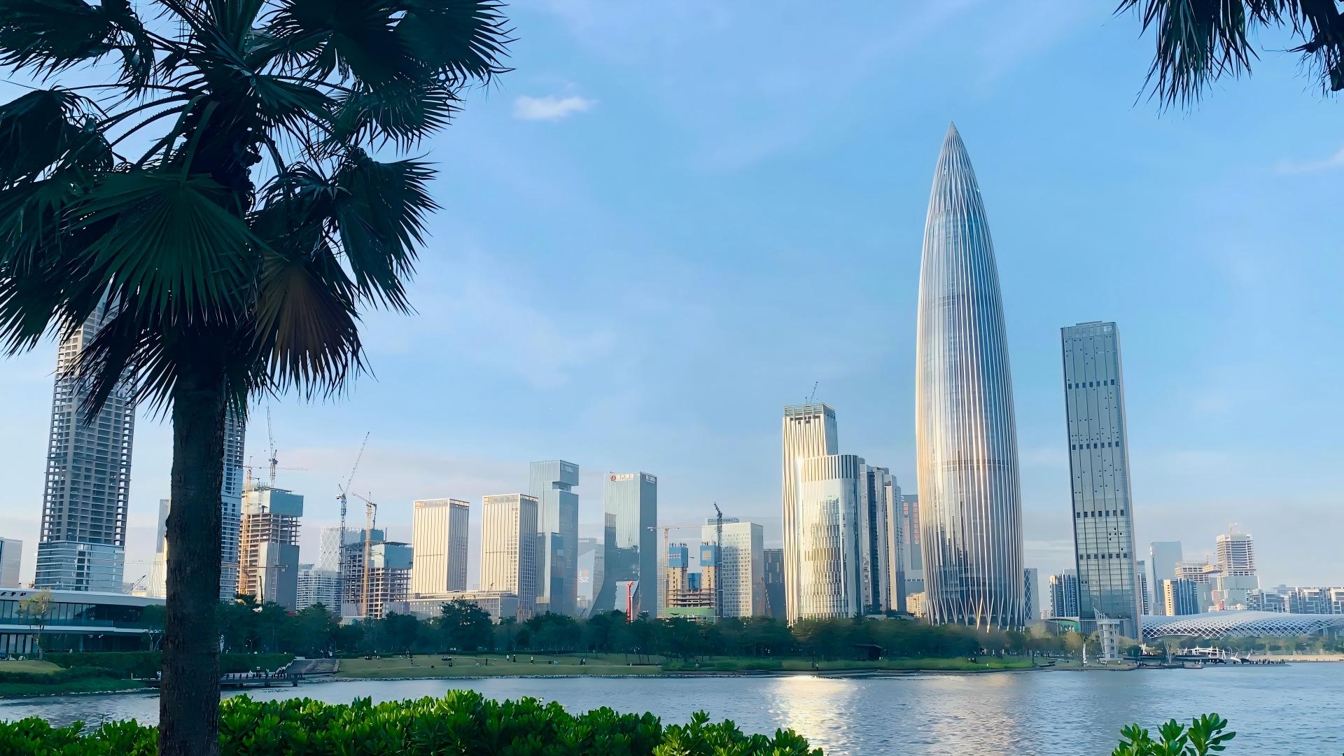 Shenzhen Bay skyline at night with futuristic city lights, China